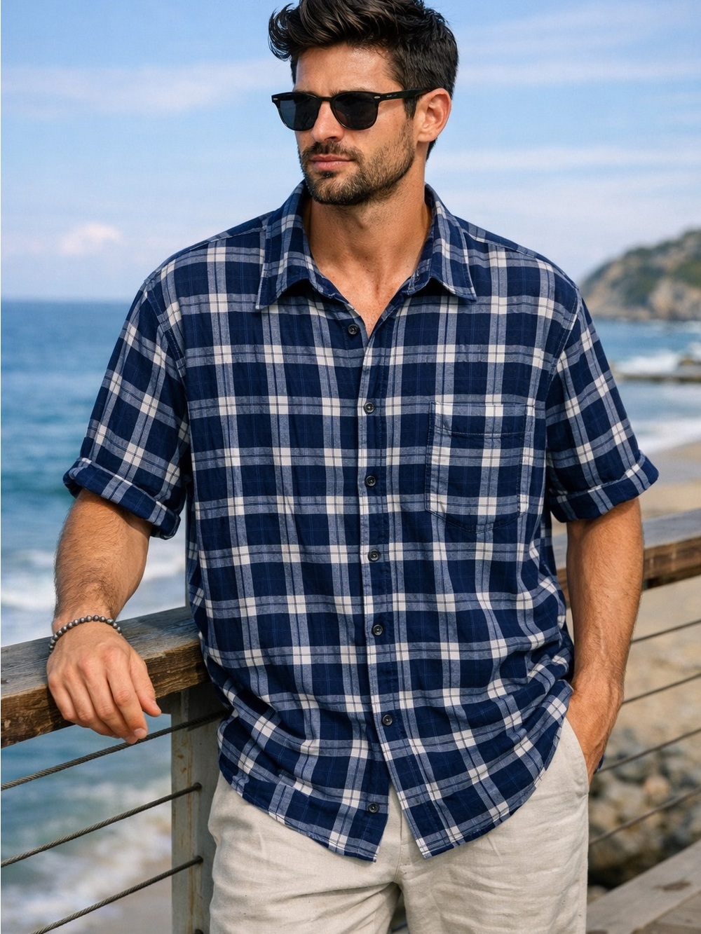 Old Navy Fitted Casual Button Short Sleeve Shirt Blue Plaid Size XXL